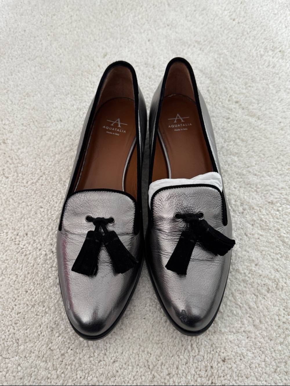Aquatalia Yara Gunmetal Metallic Naplak Loafers with Tassels